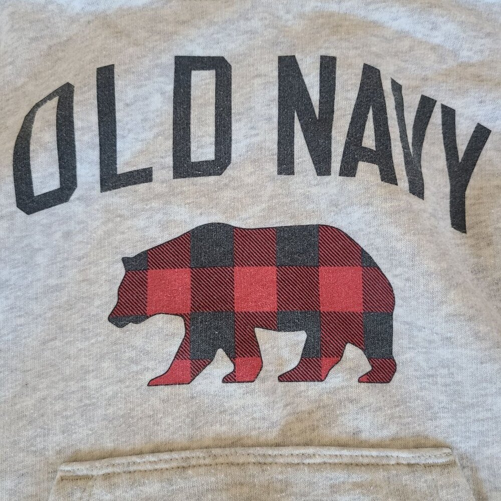Old Navy Toddler Hoodie 4T Heather Gray Red Buffalo Plaid Bear Kangaroo Pocket - Picture 3 of 5